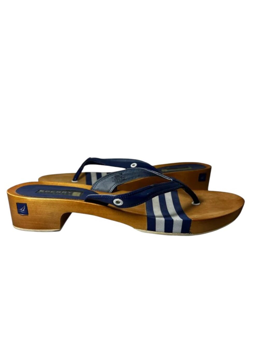 Sperry Top-Sider Navy Striped Wood Platform Thong Sandals Women’s 7M
